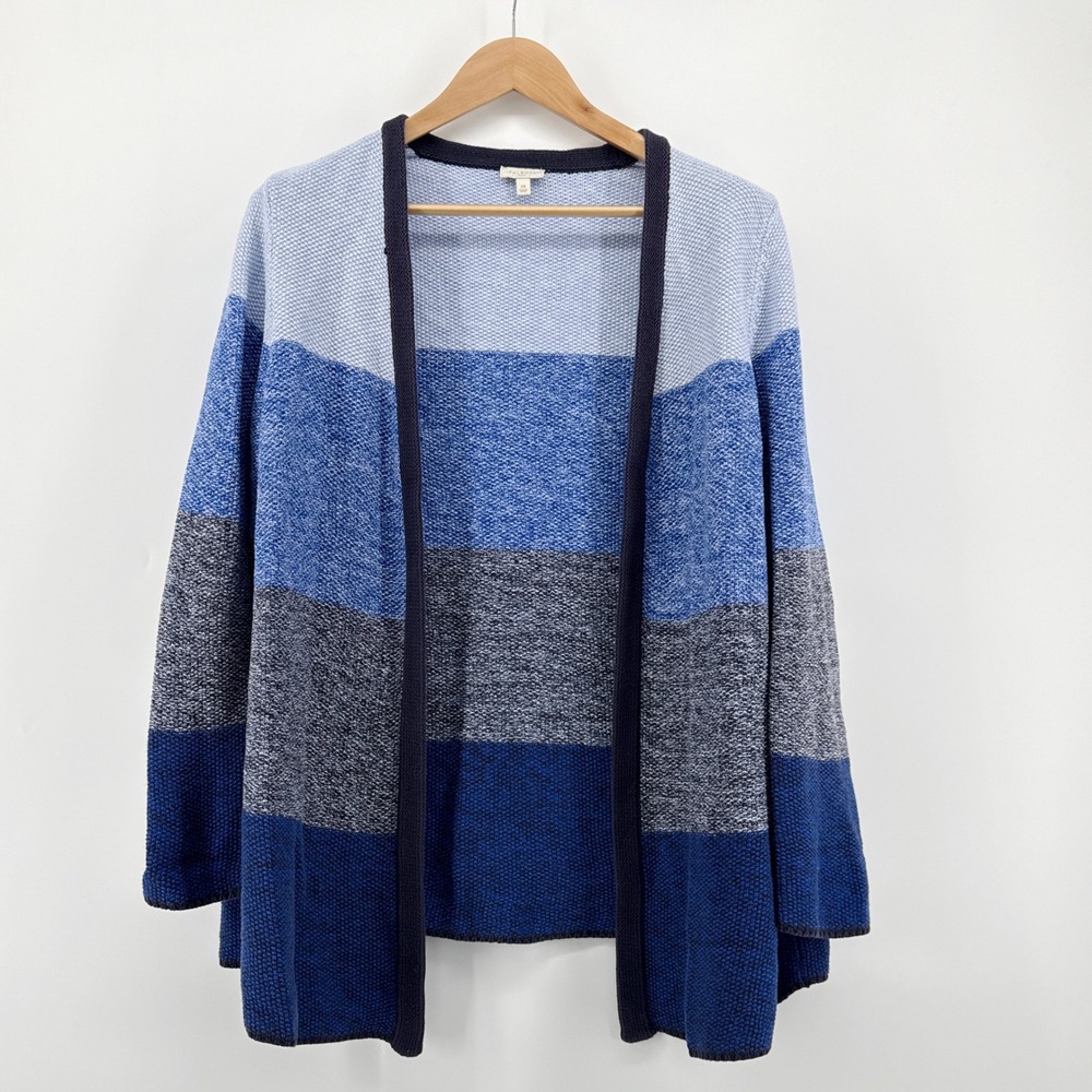 Talbots Woman 2X Blue Gray Colorblock Knit Open Front Cardigan Sweater Cotton